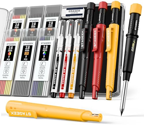 STAGEEK Lot de 3 Crayons Chantier Extensibles avec Holster, Taille Crayon, 57 Mines de Rechange, Pour Architecte, Menuisier, Bricolage, Dessin, Traçage sur Bois, Métal, Béton, Carrelage