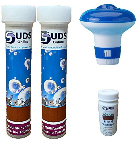 SUDS-ONLINE Small Dispenser with 20 Multifunctional Chlorine Tablets 20g + Test Strips