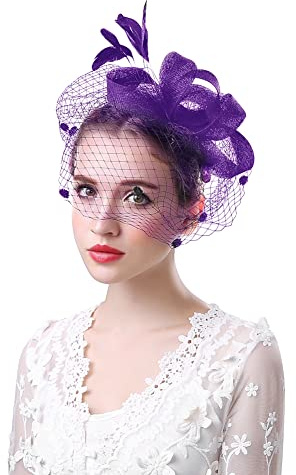 LONTG Rétro Bibi avec Voilette Femme Fascinator Petit Chapeau de Fête Cérémonie Bal Soirée Chapeau Mariée Nuptial avec Plume Décoré Serre-tête Accessoire de Mariage Cocktail Banquet