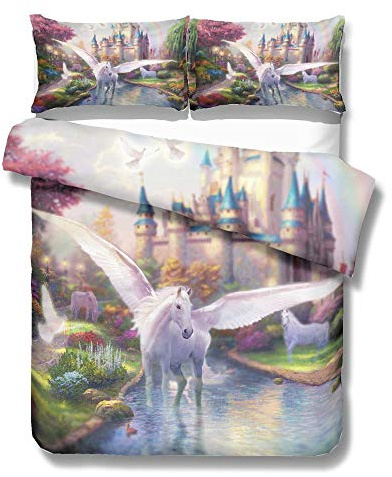 Sticker superb Ragazzo Ragazza Bianca Unicorno Copripiumino con Federa, 3D Animale Cavallo Farfalla Estate Inverno Set Biancheria da Letto con Cerniera (Unicorno con ala, 180x210cm)