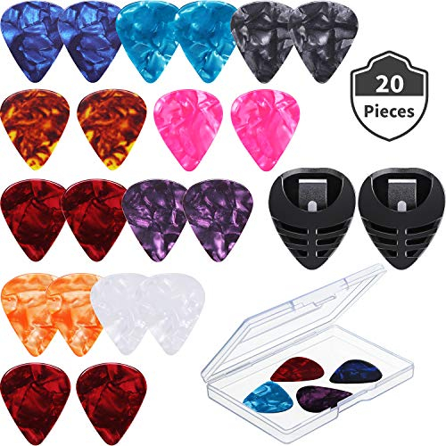 Frienda 20 Guitar Picks & 2 Black Stick-on Holders & 1 Organizer Storage Box, 3 Different Thickness Colorful Guitar Picks Plectrums for Acoustic, Electric, Bass, Ukulele, Father's Day Gift