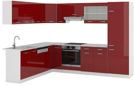 Vicco Eckküche R-Line, Rot Hochglanz/Weiß, 287 x 46 cm ohne Arbeitsplatte, mit modularen Elementen flexibel erweiterbar