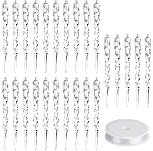 FEPITO 24 PCS Christmas Acrylic Icicle Clear Plastic Icicle Ornaments for Christmas Party Christmas Tree Hanging Supplies Holiday Decoration