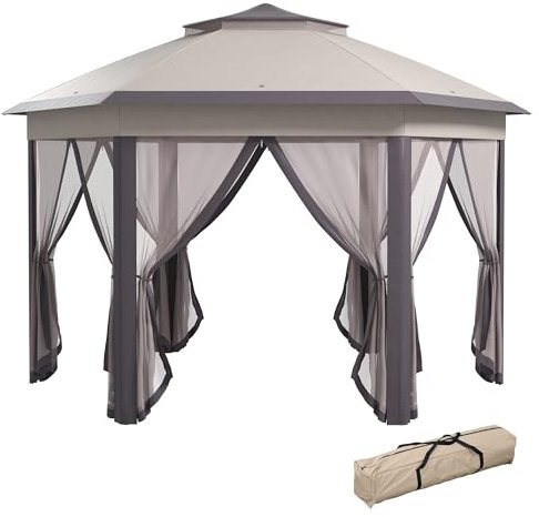 Outsunny 3 x 4m Garden Gazebo Hexagon Pop Up Gazebo Party Tent Canopy Double Roof Instant Shelter with Netting and Carry Bag for Outdoor Patio, Beige