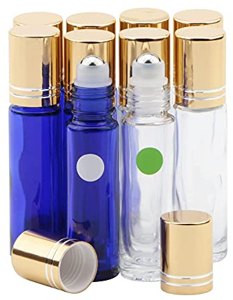 Rowiz 10 ml rulle på flaskor för eteriska oljor, parfymrullflaskor i glas med rostfri stålboll, tomma eteriska oljeflaskor set med 5 genomskinliga och 5 blå