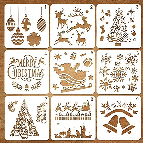 9 Stück Weihnachtsschablonen Vorlagen, wiederverwendbare Malvorlagen, Weihnachtsschablonen zum Sprühen von Türen, Fenstern, Tagebüchern, Sammelalben, Karten, DIY-Weihnachtsdekoration (12,7 x 12,7 cm)