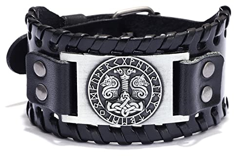Thajaling Wikinger Lederarmband, Nordisches Thors Hammer Armband, Odin Runen Totem breites Armband, Keltische Knoten-Manschetten-Armbänder, Vintage Rindsleder-Armband für Männer Frauen