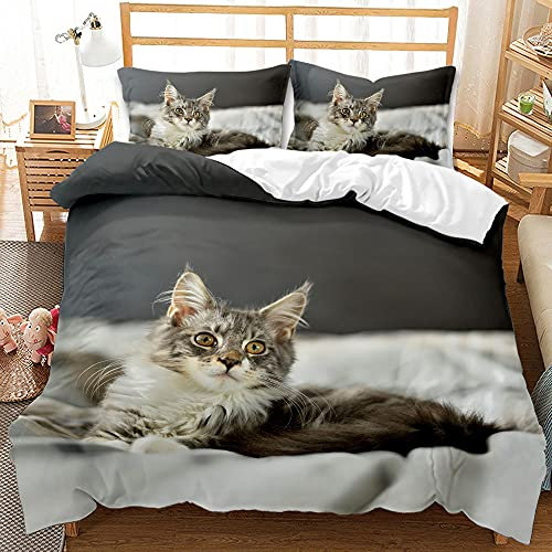 ESAAH Niedliche Katze Und Hund Bettwaren-Sets, Mikrofaser-Bettbezug-Sets 3-teilig,Bettbezug Und Kissenbezug, Bettwaren-Sets Kinder (A8,155x220cm+75x50cmx2)