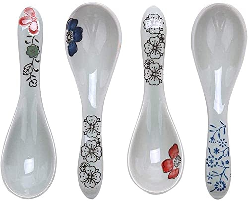 FEINKA servierlöffel Keramik-Suppenlöffel-Set, Esslöffel, japanische handbemalte Blumen-Keramiklöffel, asiatische Reislöffel, spülmaschinenfest