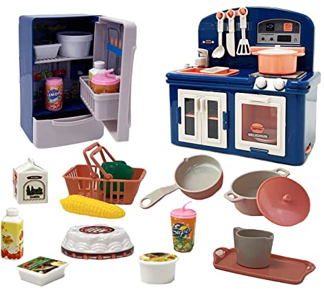 Sobebear Set of 2 Kitchen Cookware Set & Refrigerator Toy Set Microwave Oven Induction Home Appliance Set with Utensils, Sink with Running Water, Dummy Food & Drinks for Boys & Girls 3+ Age