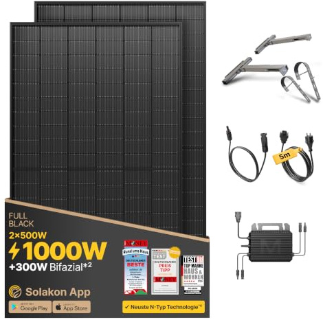 Solakon® 1000W Balkonkraftwerk mit Halterung (Balkon) - Balkonkraftwerk 800W komplett Steckdose - neuester 800 Watt Wechselrichter - Solaranlage Komplettset - 500W bifaziale Solarmodule inkl. Zubehör