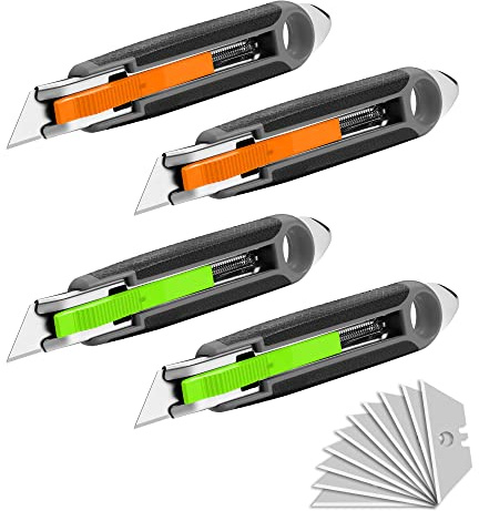 XW 4-pack Self-retracting Safety Box Cutter, Utility Knife with Quick Blade Change, Extra 10 Blades Included