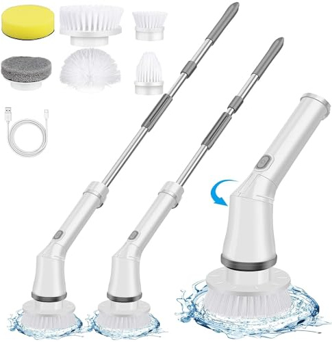 Elektrisk rengöringsborste, sladdlös Spin Scrubber med 6 utbytbara borrborsthuvuden och justerbart förlängningshandtag, kar och golvkakel, moppset för badrum, kök, bil, golv
