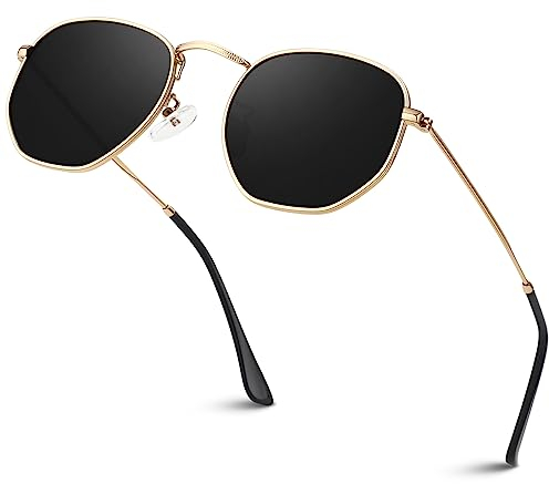 Sunier Sonnenbrille Damen Herren Polarisiert,Mode Apace Polygon Sonnenbrille Damen, Ultraleichter Sechseckige Metallrahmen 100% UV400 Schutz