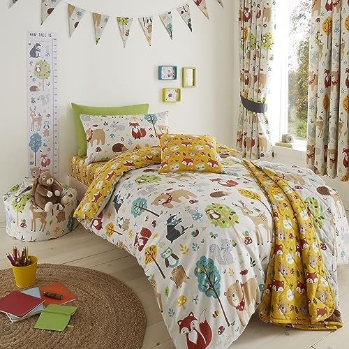 Happy Linen Company Girls Boys Kids Woodland Friends Animals Taupe Single Reversible Soft Easy Care Bed Linen Duvet Cover Quilt Bedding Set With Pillow Case