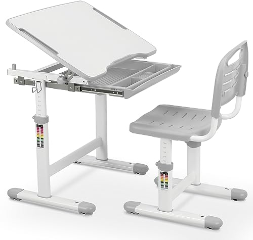 MAMIZO Kinderschreibtisch Stuhl Höhenverstellbar, Kindertisch Stuhl Set mit neigbarer Tischplatte,Schreibtisch Kinder Mädchen & Jungs, Jugendschreibtisch mit Schublade (Grau)