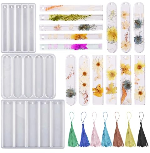 Bekecidi Lot de 3 moules rectangulaires en résine époxy avec 16 pompons colorés pour décoration de bijoux, loisirs créatifs, marque-pages
