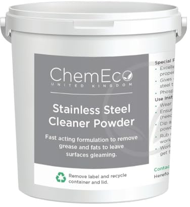ChemEco UK Stainless Steel Cleaner Powder, 1kg | Restores shine to commercial kitchen surfaces, easily removing stubborn grime and ensuring strict hygiene standards.