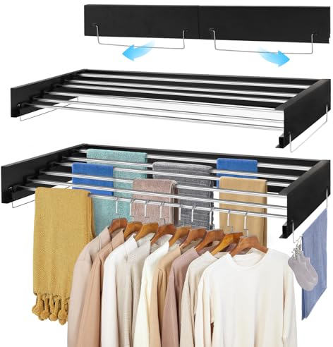 Viviheyday Wäscheständer wandmontiert,100cm Ausziehbarer Wandtrockner klappbar,6 hochwertigem Edelstahlstange, Wäscheständer zur Wandmontage für Innen oder Außen,Balkon, Terasse (Schwarz)