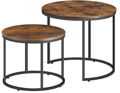 NMK HOME Couchtisch 53/43 cm, 2er Set rund in rustikaler Holzoptik, Schwarze Metallbeine, Industrial Design, platzsparend ineinander stellbar, für Wohnzimmer und Schlafzimmer