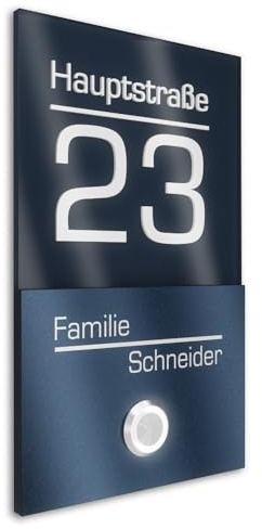 Graviers Design V2A Edelstahl Türklingel mit Hausnummer Namen Straße Gravur - Klingelschild 110x180mm LED-Taster Klingelplatte modernes Design aus Edelstahl Beschichtung RAL 7016 Acryl Anthrazit