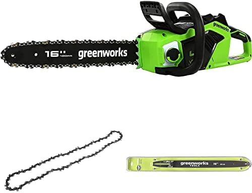Greenworks Akku Kettensäge mit bürstenlosem Motor, OHNE 40V Akku & Ladegerät + Greenworks 40cm Sägekette + Greenworks 40cm Führungsschiene für Kettensäge
