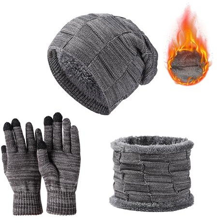 JXCTNNU Set de Bufanda, Gorro y Guantes Invierno Termicos 3-in-1 Conjunto de Punto Bufanda Calentadores Beanie Gorro Táctiles Guantes para Mujeres y Hombres
