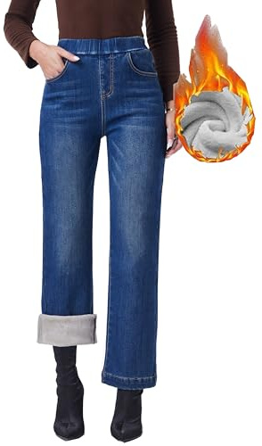 heipeiwa Women's Winter Jeans Pull On Wide Leg Baggy Fleece Lined Jeans Thermal Flannel Lined Jean Dark Blue