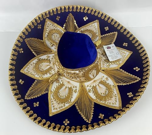 Sombrero Mariachi Hut in königsblau und gold Farbkombianation aus Mexiko in L Größe