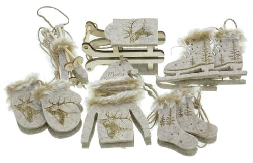GASPER Weihnachtsanhänger Wintersport Grau-Beige 6 teiliges Set - Filz & Holz