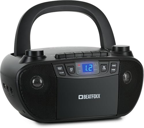 Beatfoxx CDB-1016U BK Boombox mit Kassette, CD-Player, Radio, Bluetooth und USB - Rekorder mit AUX-Eingang und Kopfhörer-Ausgang - Betrieb über Netzkabel oder 6X Typ C-Batterien - Kinder & Erwachsene