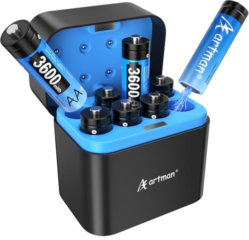 Artman Rechargeable Lithium AA Batteries with Charger, 8 Pack 3600mWh AA Lithium Batteries for Blink Outdoor Camera, 1.5V Constant Output Double A Battery Rechargeable, 2000 Cycle Charging Time (Blue)