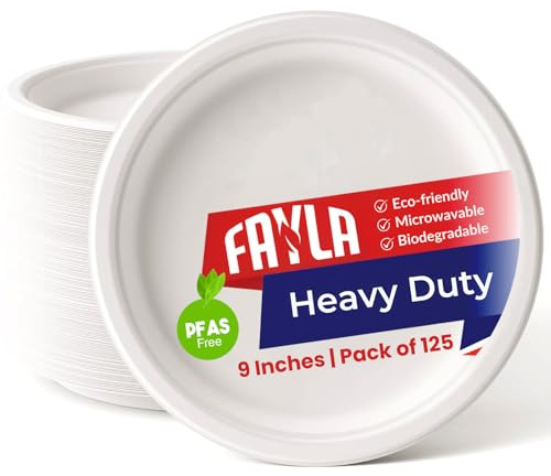 Fayla Strong Disposable Paper Plates – [9 Inch, Pack of 125] - White Party Plate Set – [PFAS-Free] - Eco-Friendly, Biodegradable, Heavy Duty, Microwavable Tableware for Parties & Events