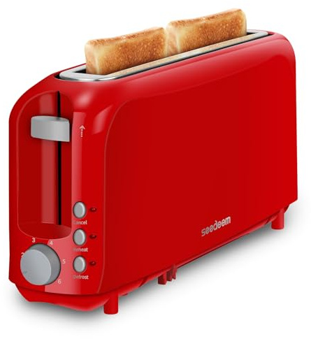 SEEDEEM 2 Slice Slim Toaster, Single 10 Long Slot Toaster Fits Bagels & Artisan Bread, 6 Shade Settings, Cancel/Reheat/Defrost, Removable Crumb Tray, Auto Shut-Off, Red