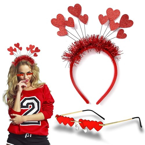HXUING Herz Stirnband Glitzer mit Herz Form Brille, Herzherzige Haarreifen Herz Haarreif Rot Pailletten Herz Stirnband Partybrille Haarbänder, Haarschmuck für Valentinstag Hochzeit Karneval