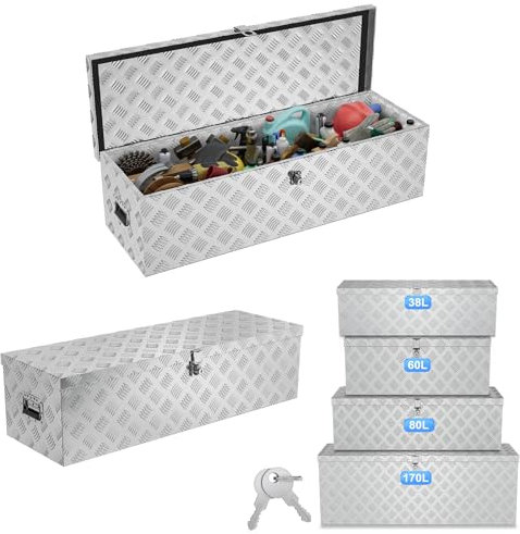 ACXIN Scatola portaoggetti in alluminio 990 x 330 x 254 mm, cassetta degli attrezzi in alluminio con serratura e 2 chiavi, robusta scatola con timone bloccabile per il rimorchio, stabile e