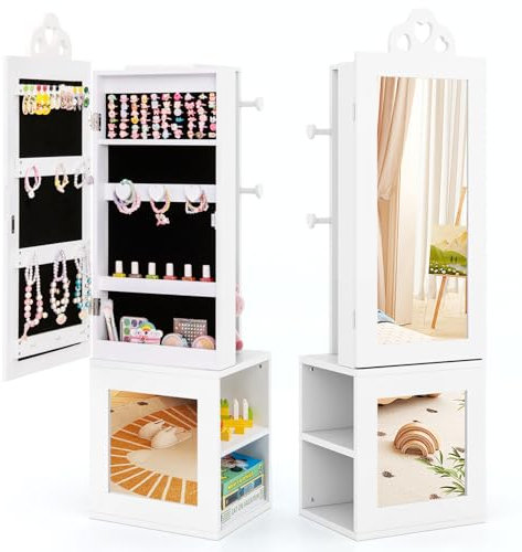 HOMFME Armoire a Bijoux avec Miroir de Pleine Longueur, Armoire de Rangement avec Portant à Vêtements, Grand Espace de Rangement et Étagère de Rangement, 34 x 30 x 117 CM, Idéal pour Filles (Blanc)