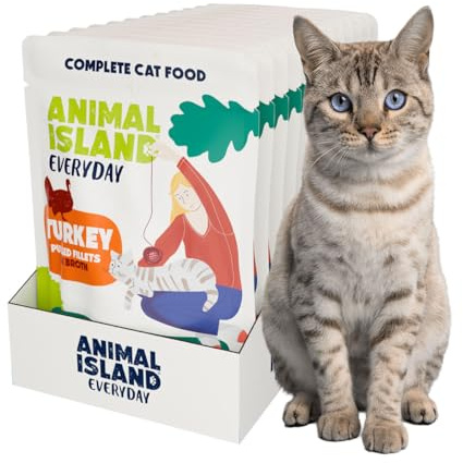 Animal Island Everyday Våtfoder för Vuxna Katter Strimlad Kalkonfilé i Aromatisk Buljong Komplett Foder i Portionspåse för Alla Raser, 12 x 85g
