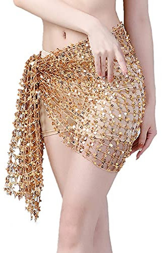 Bauchtanz Kostüm Damen,Bauchtanz Hüfttuch 15 Farben Bauchtanz Kleidung Zubehör Dehnbar Häkelnetz Net Schal Rechteck Gürtel Bauchtanz Hüfte Schal(Gold)