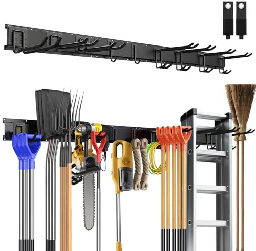 Sampoes Garage Tool Manager, Porte Outils Mural, Rangement Outils Jardin, Support Mural d'Outils de Garage avec 9 Crochets et 3 Rails pour Outils de Jardin, Pelles, Balais