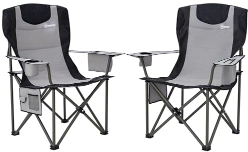 Outsunny Set of 2 Folding Camping Chairs, Padded Camping Chairs with Adjustable Armrests, Portable & Lightweight Folding Camp Chair with Cooler Bag, Cup Holder and Side Pockets, Grey