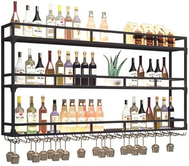 Scaffale industriale da parete per vino, con barra luminosa e ripiani sospesi, in metallo, per bottiglie di liquore e bicchieri da vino, colore nero