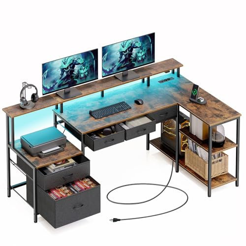 Seventable Schreibtisch L Form, Computertisch mit Steckdose, LED & Monitorständer, Reversibel Eckschreibtisch mit Schubladen, perfekt für Schlafzimmer Büro Wohnzimmer, vintagebraun