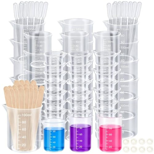 Sinofort 105Pcs 30/50/100ML Reusable Plastic Resin Measuring Cups Set | Small measuring cup kit equipped with stirring sticks and droppers, for lab household kitchen cooking baking measure tool