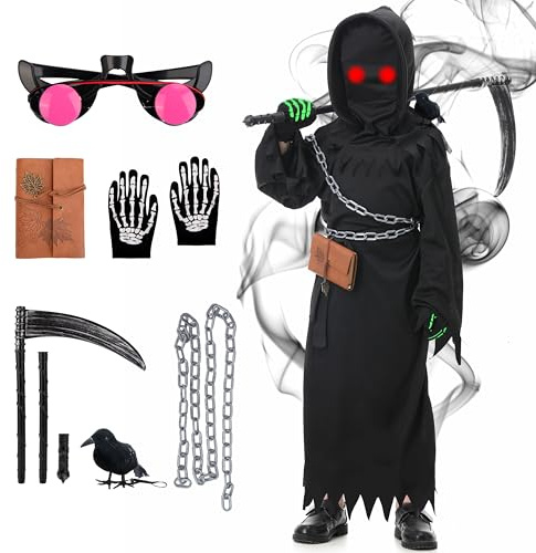 MOMOSTAR Costume Halloween Morte Bambino, Costume Reaper Halloween Bambino con Cappuccio, Occhiali Luminosi, Guanti, Death Notebook, Catena in Vita e Falce Giocattolo per Halloween Cosplay (XL)