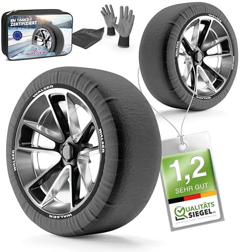 Walser Premium Calze da Neve Omologate Italia EN 16662-1, set di due catene da neve in tessuto per auto, 2 catene invernali per auto grigio/nero snow sock dimensioni cerchi R13-R22, XL