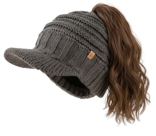 TOP-EX Damen mütze mit Schirm Winter Beanie hat für Women Pferdeschwanz Herren Cap strickmütze Strick Fleece gefütterte schirmmütze Loch großer Kopf Running Grau