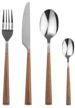 H&H Servizio 24 Posate Tavola Arbor in Acciaio Inox, Manico in ABS Effetto Legno – 6 Cucchiai, 6 Forchette, 6 Coltelli, 6 Cucchiaini – Lavabili in Lavastoviglie