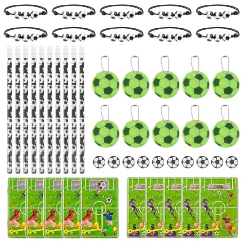 Riempitivi per sacchetti per feste di calcio - Set di 50 sacchetti per feste di calcio con matite, gomme, portachiavi da calcio, flipper e bracciali, divertenti articoli di cancelleria per feste di