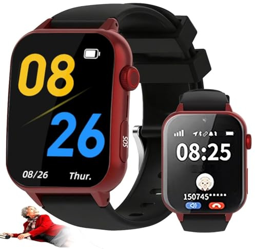 HpLNDas Montre Connectée avec Détection De Chute pour Seniors - Alerte Sos, Suivi GPS, Appel d'urgence,Surveillance De La Santé, Ip67, pour Les Personnes Atteintes De Démence/Maladie D'alzheimer Red